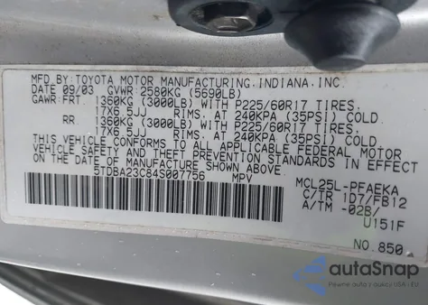 2004 Toyota Sienna Le из США, поврежденный, VIN 5TDBA23C84S007756